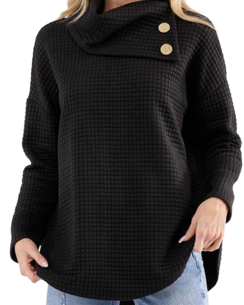 Front of a model wearing a size 3XL Split Cowl Neck Sweater in Black in Black by CY Fashion. | dia_product_style_image_id:340315